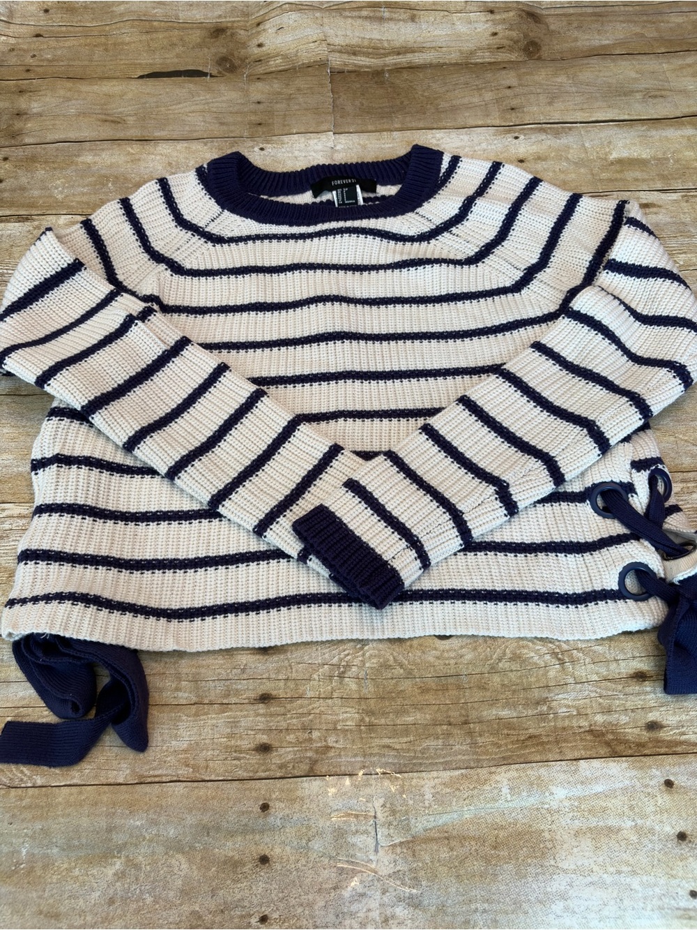 Forever 21 Navy & White Striped Crewneck Sweater with Side Ties